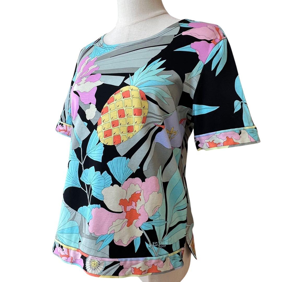 【レオナールスポーツ】コットン花柄パインプリントTシャツ☆カットソー☆半袖☆L