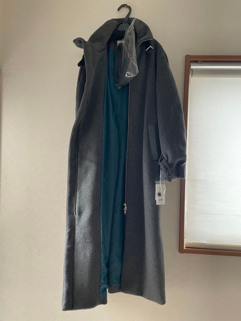 MURUA フード付きグレーウールロングコート Lサイズ