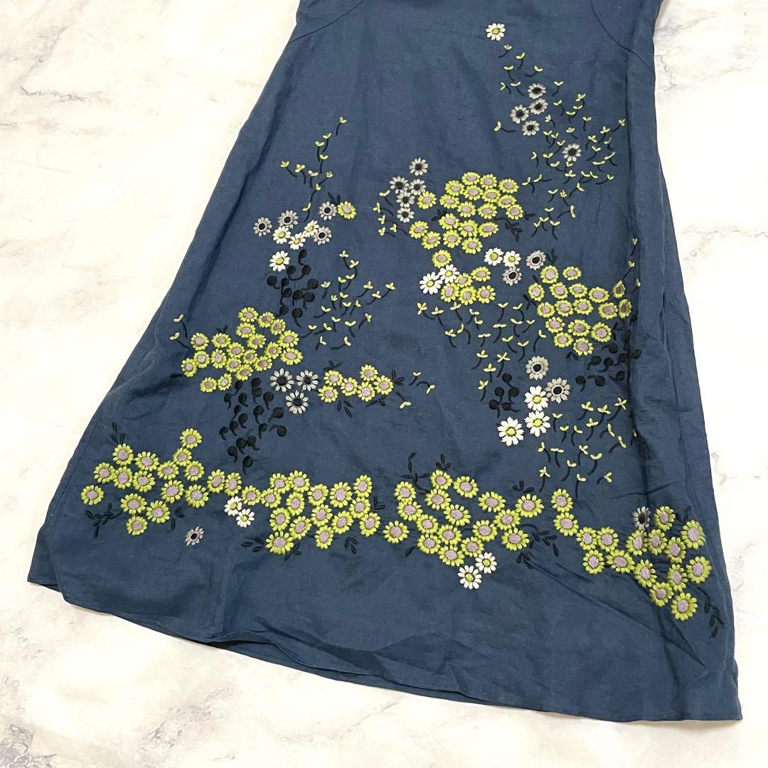 未使用 シビラ リネン混 花刺繍 ワンピース ノースリーブ M 紺系 春夏