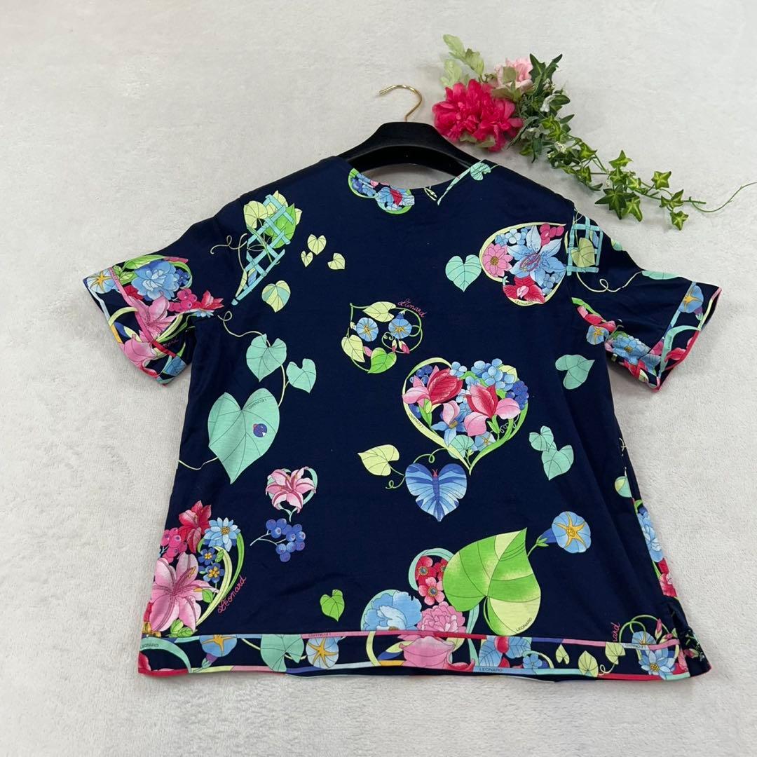 K825 新品未使用 L レオナール ロゴ刺繍 カットソー ネイビー レディース