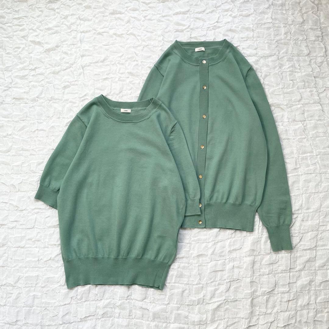 【美品】イエナ クルーネックニットアンサンブルカーディガン 金ボタン コットン