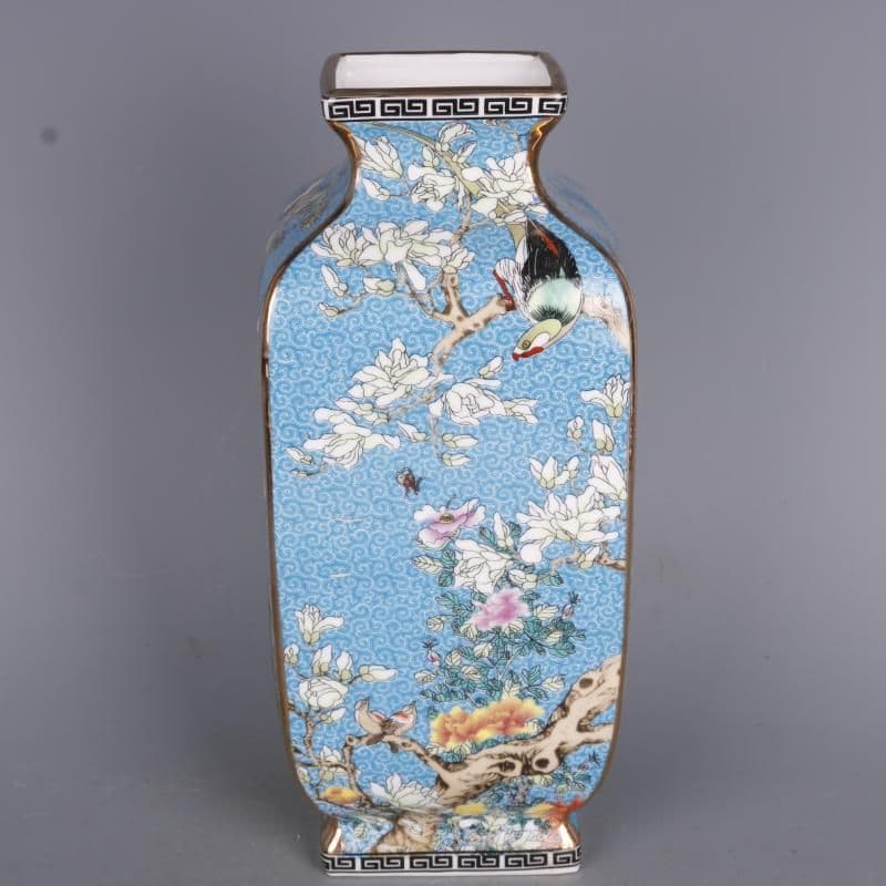 琺瑯彩花鳥四方瓶  陶磁器 装飾品 現代工芸品美術品 置物