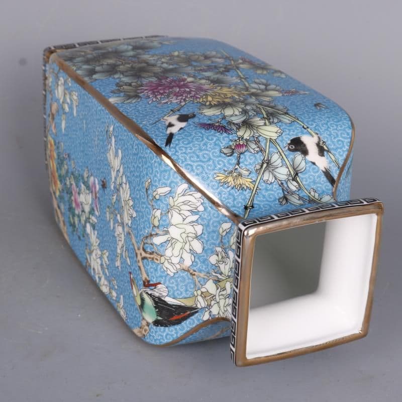 琺瑯彩花鳥四方瓶  陶磁器 装飾品 現代工芸品美術品 置物