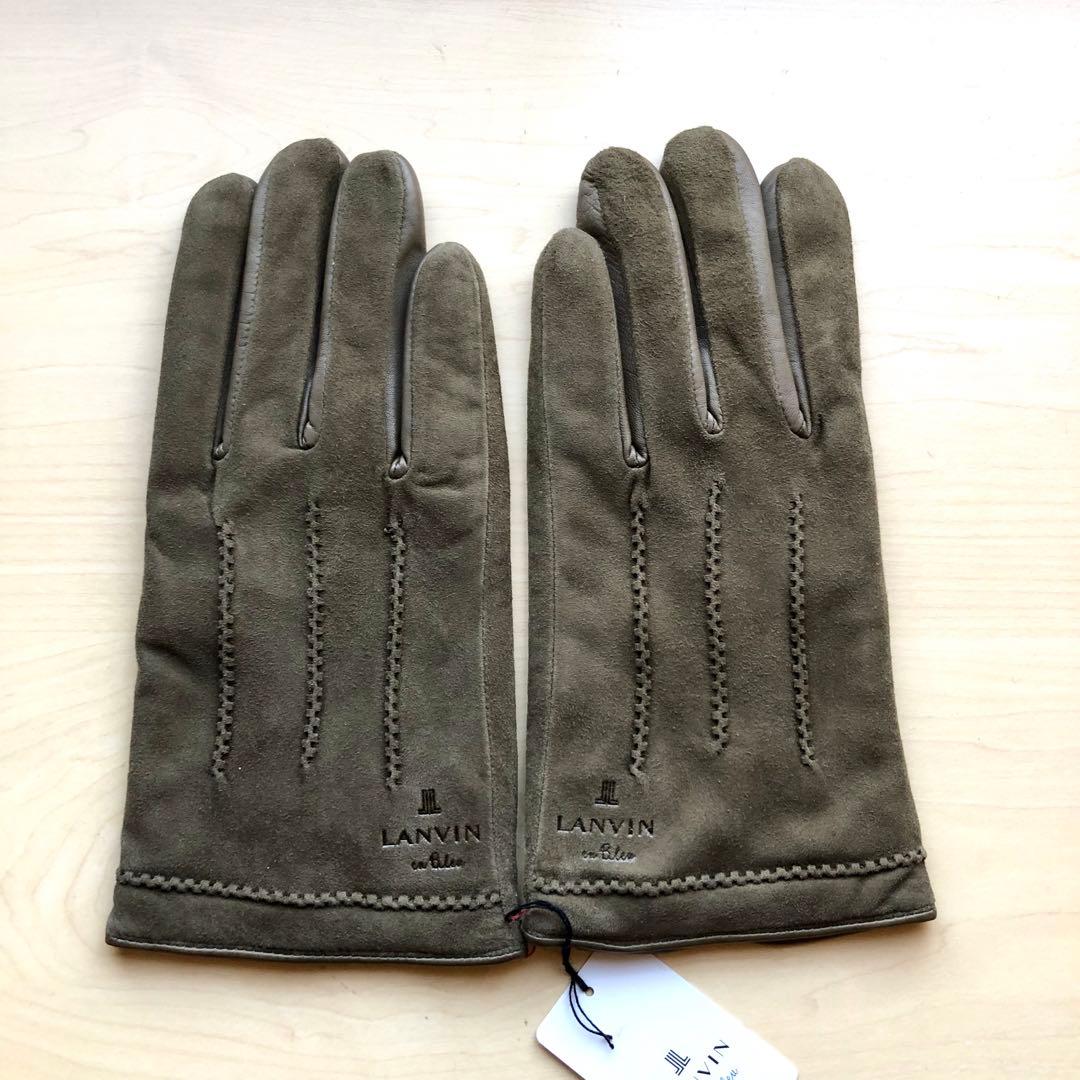 ★新品★ランバンオンブルー　メンズ　レザー手袋　スエード　羊革　カシミヤ　カーキ