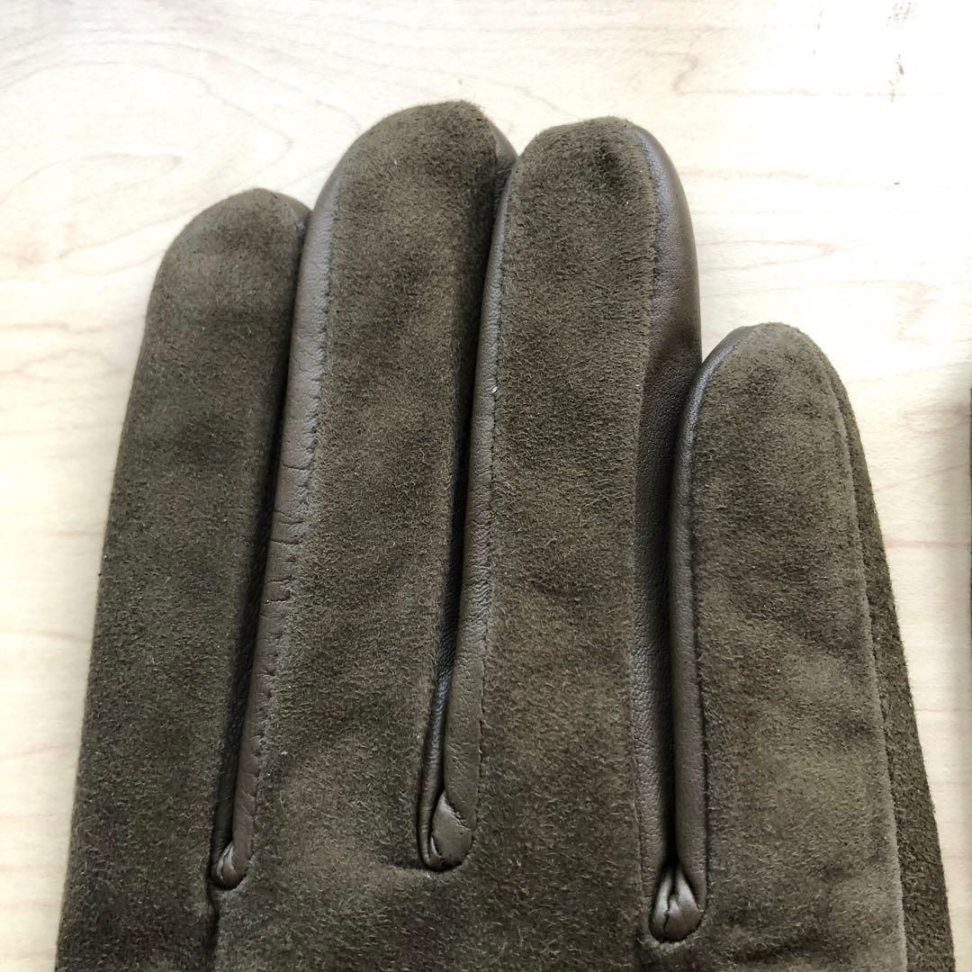 ★新品★ランバンオンブルー　メンズ　レザー手袋　スエード　羊革　カシミヤ　カーキ