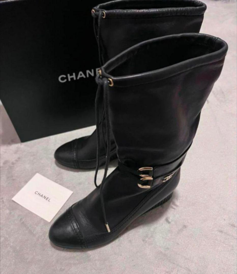 フラワー 【未使用級】CHANEL付ハーフブーツ ブラック