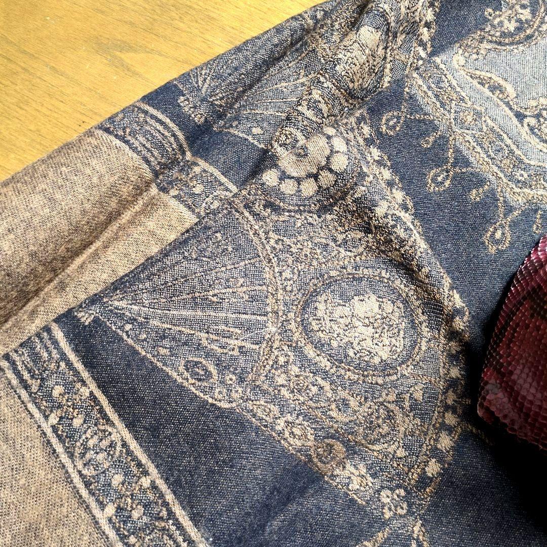 TRUSSARDI 扇と置時計 大判ウールストール ショール 茶系