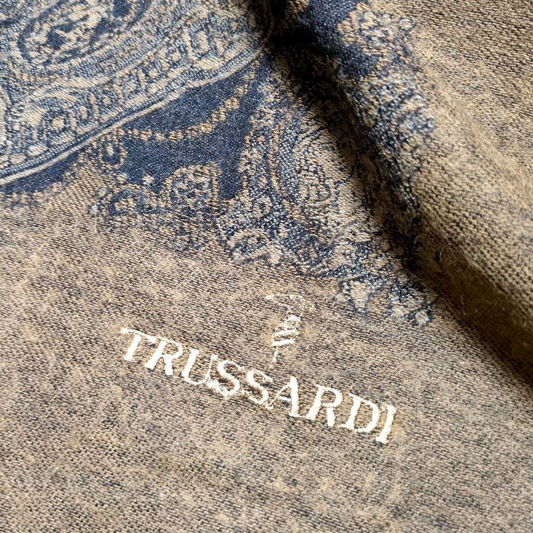 TRUSSARDI 扇と置時計 大判ウールストール ショール 茶系
