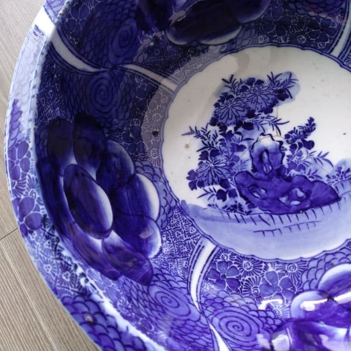 骨董 厚手藍鉢 (大鉢) 京都骨董店購入品 アンティーク ベロ藍 訳あり品です。
