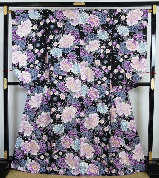 中振袖 洗える 花柄金箔縁取り ロング丈 袷のきもの ポリエステル 12237