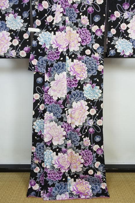 中振袖 洗える 花柄金箔縁取り ロング丈 袷のきもの ポリエステル 12237