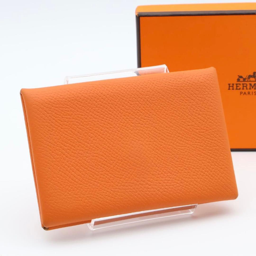 【極美品】HERMES カルヴィ エプソン　オレンジ　名刺入れ　カードケース