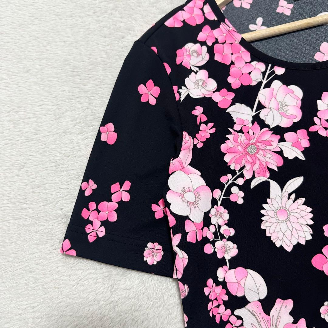 美品 LEONARD トリム 花柄 プリント 半袖 Tシャツ 38 ブラック