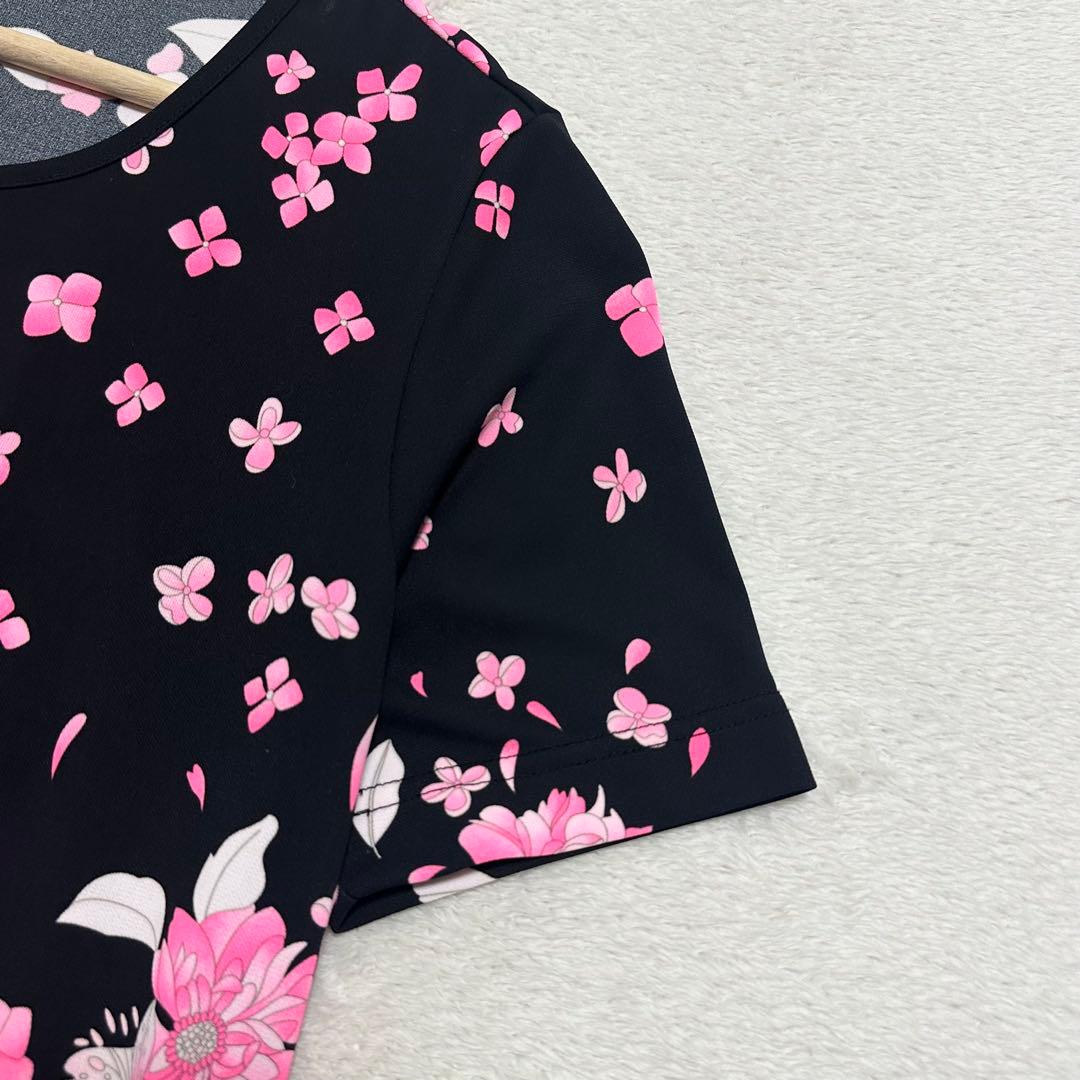 美品 LEONARD トリム 花柄 プリント 半袖 Tシャツ 38 ブラック