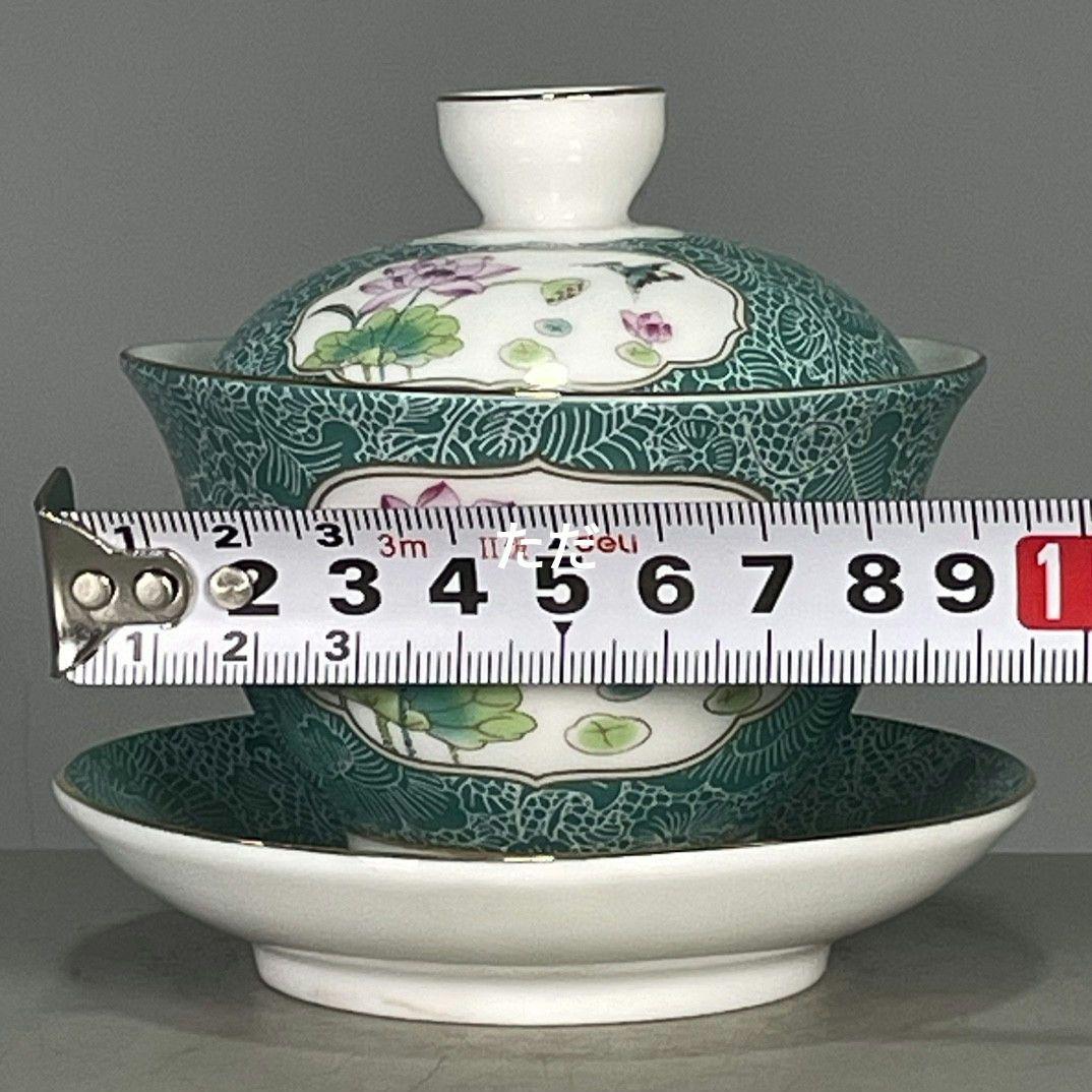 エナメル彩荷模様三才蓋碗 中国茶器景徳镇 蓋付き茶器 飲茶食器 煎茶具 未使用品