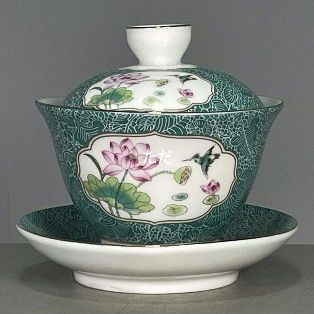 エナメル彩荷模様三才蓋碗 中国茶器景徳镇 蓋付き茶器 飲茶食器 煎茶具 未使用品