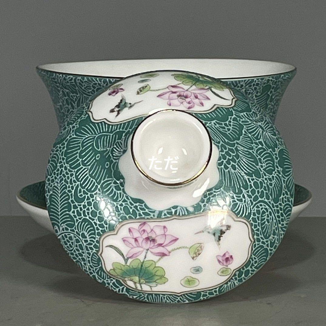 エナメル彩荷模様三才蓋碗 中国茶器景徳镇 蓋付き茶器 飲茶食器 煎茶具 未使用品