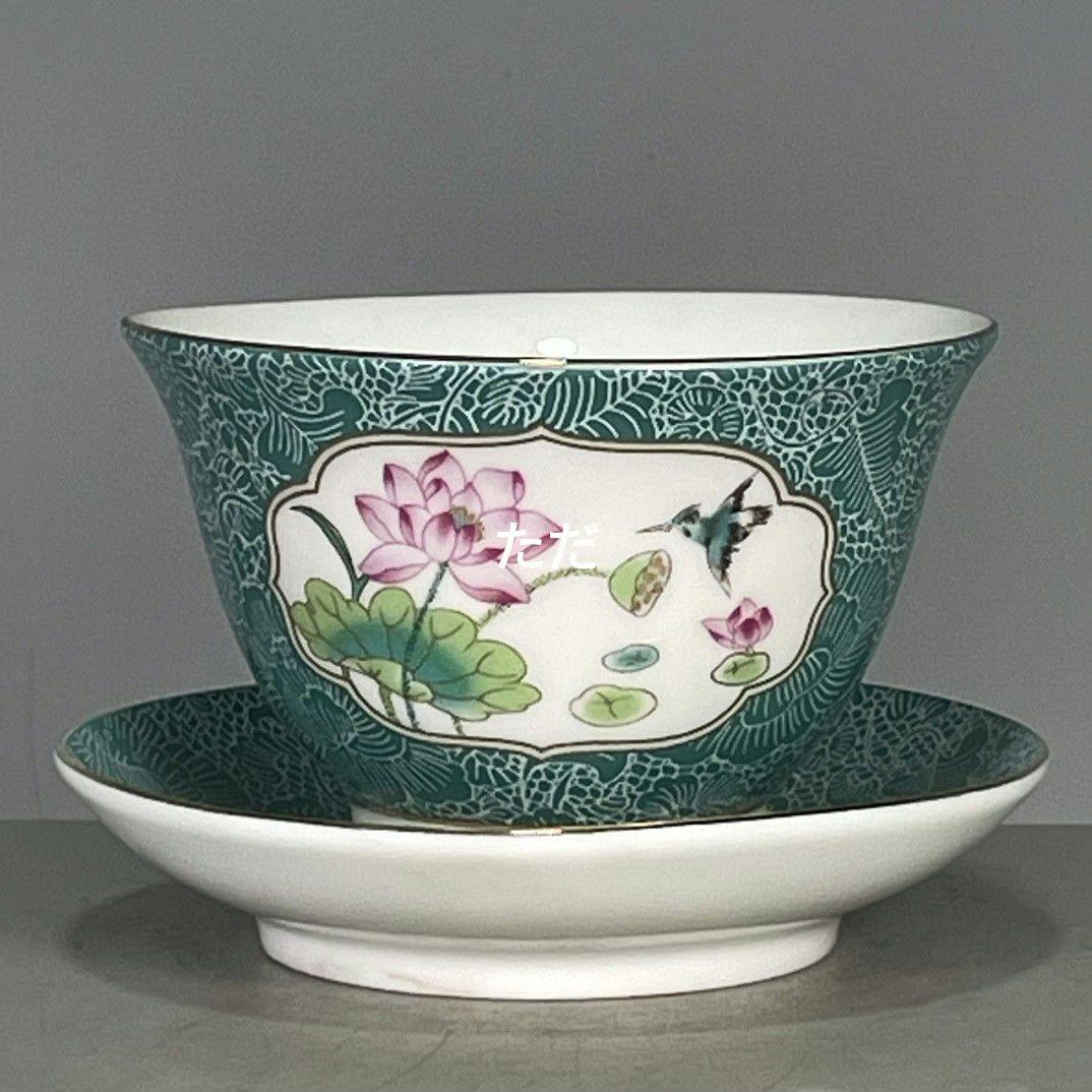 エナメル彩荷模様三才蓋碗 中国茶器景徳镇 蓋付き茶器 飲茶食器 煎茶具 未使用品