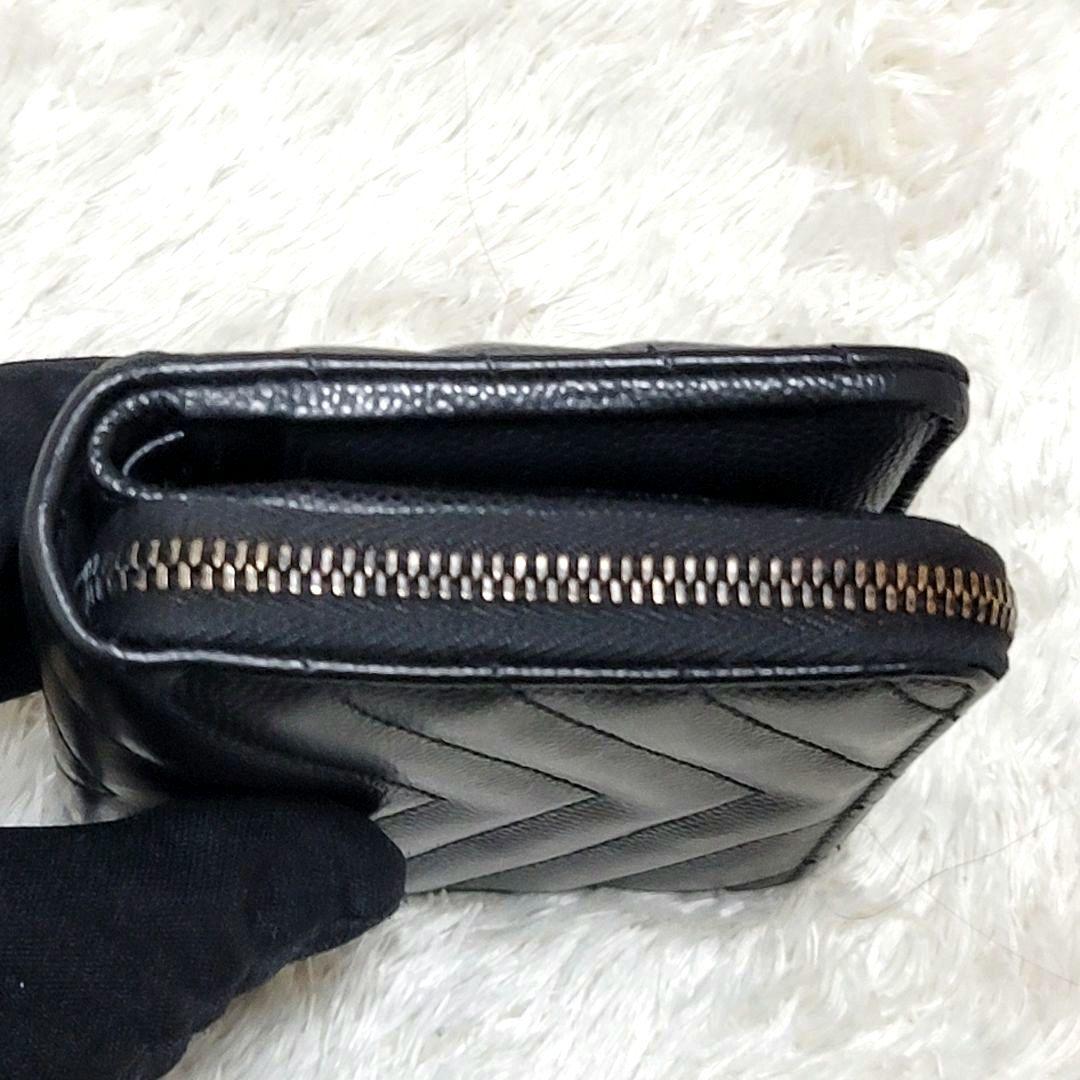 極美品 サンローラン YSL Vステッチ 二つ折り財布 キャビアスキン 黒