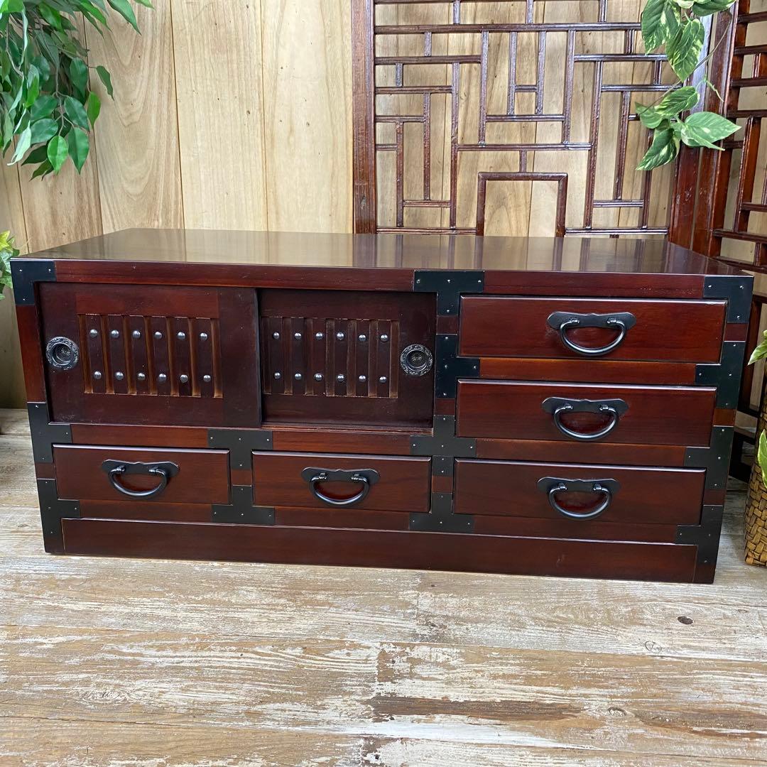 訳あり品！【140】民芸家具桐材天然無垢和引き戸付きチェスト横長テレビ台飾り棚
