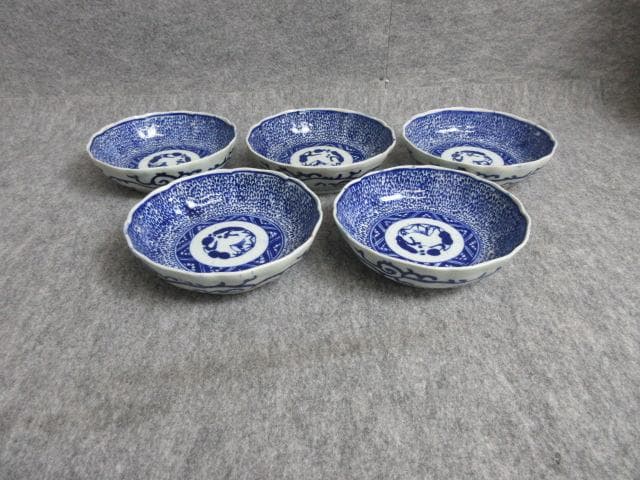 伊万里焼印判手染付松竹梅微塵唐草文なます皿5枚 [B27744]