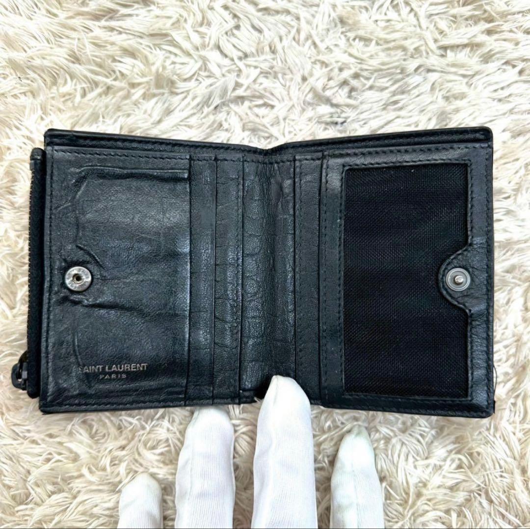 サンローラン 二つ折り財布 ブラック クロコ YSL レディース