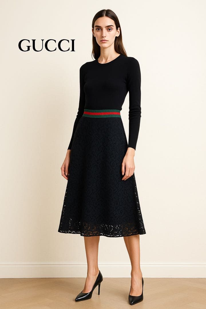 GUCCI グッチ シェリーライン 総レース フレアスカート ペチコート付 黒