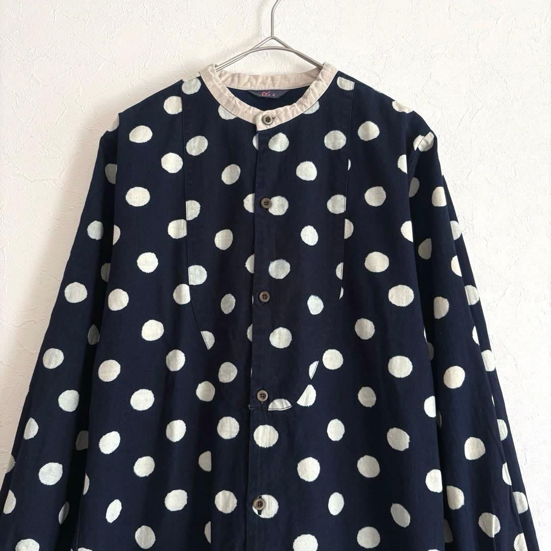 45R 藍染 ドット ロングシャツ チュニック ワンピース R刺繍 M
