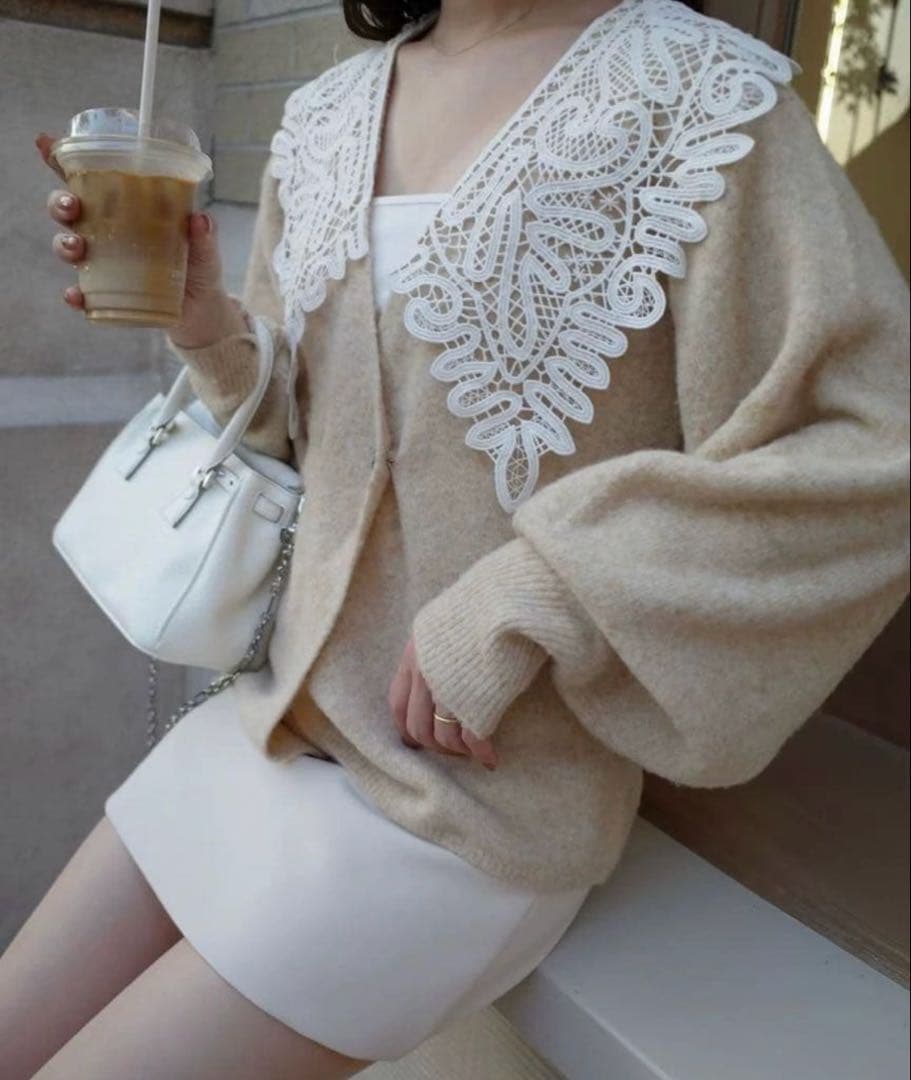 【Acka.】 lace collar knit cardiga ベージュ