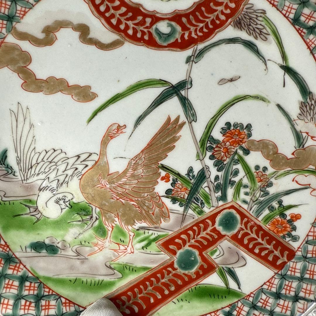 古伊万里　色絵アヒル文様丸皿　5枚　直径18.7㎝　七宝文　珍しい絵付
