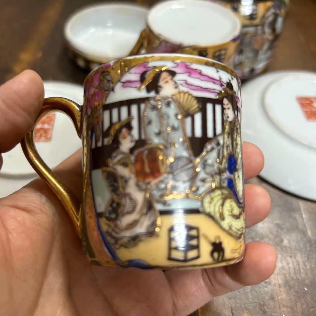 日本画　ゲイシャ　金彩　骨董品　カップ＆ソーサー　蓋付容器　海外輸出　九谷　薩摩