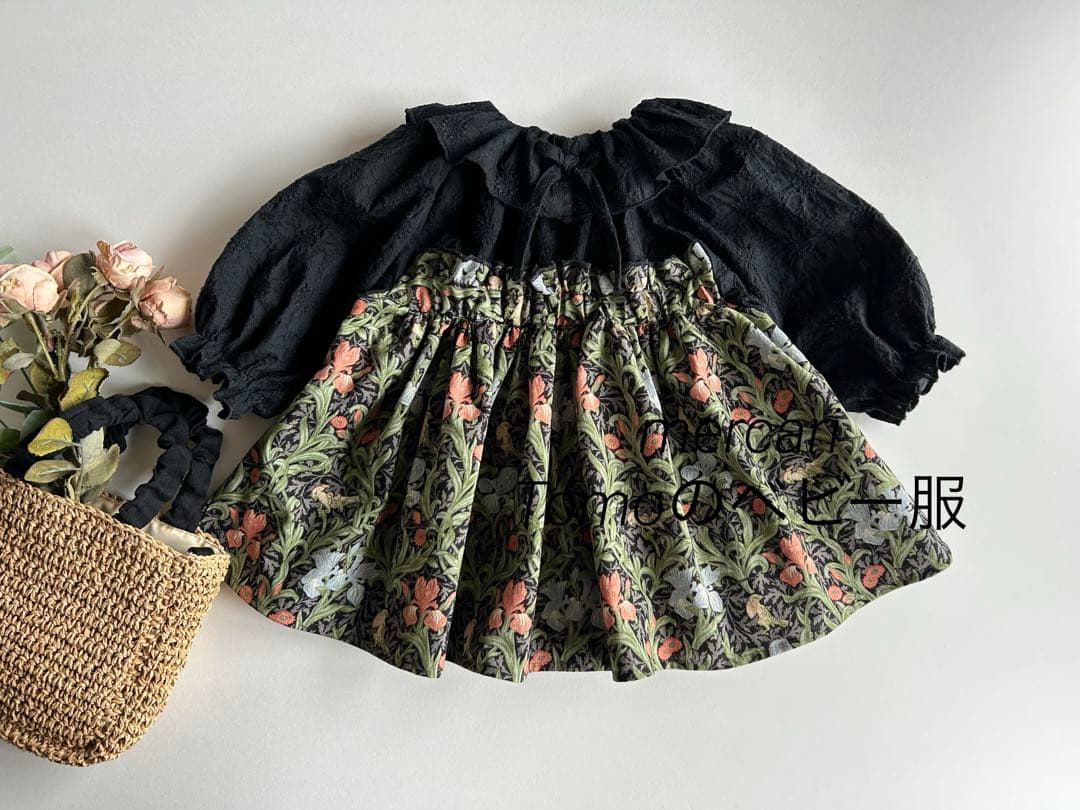 ハンドメイド　マーガレット刺繍レース×モリス　ハイウエストデザインワンピース