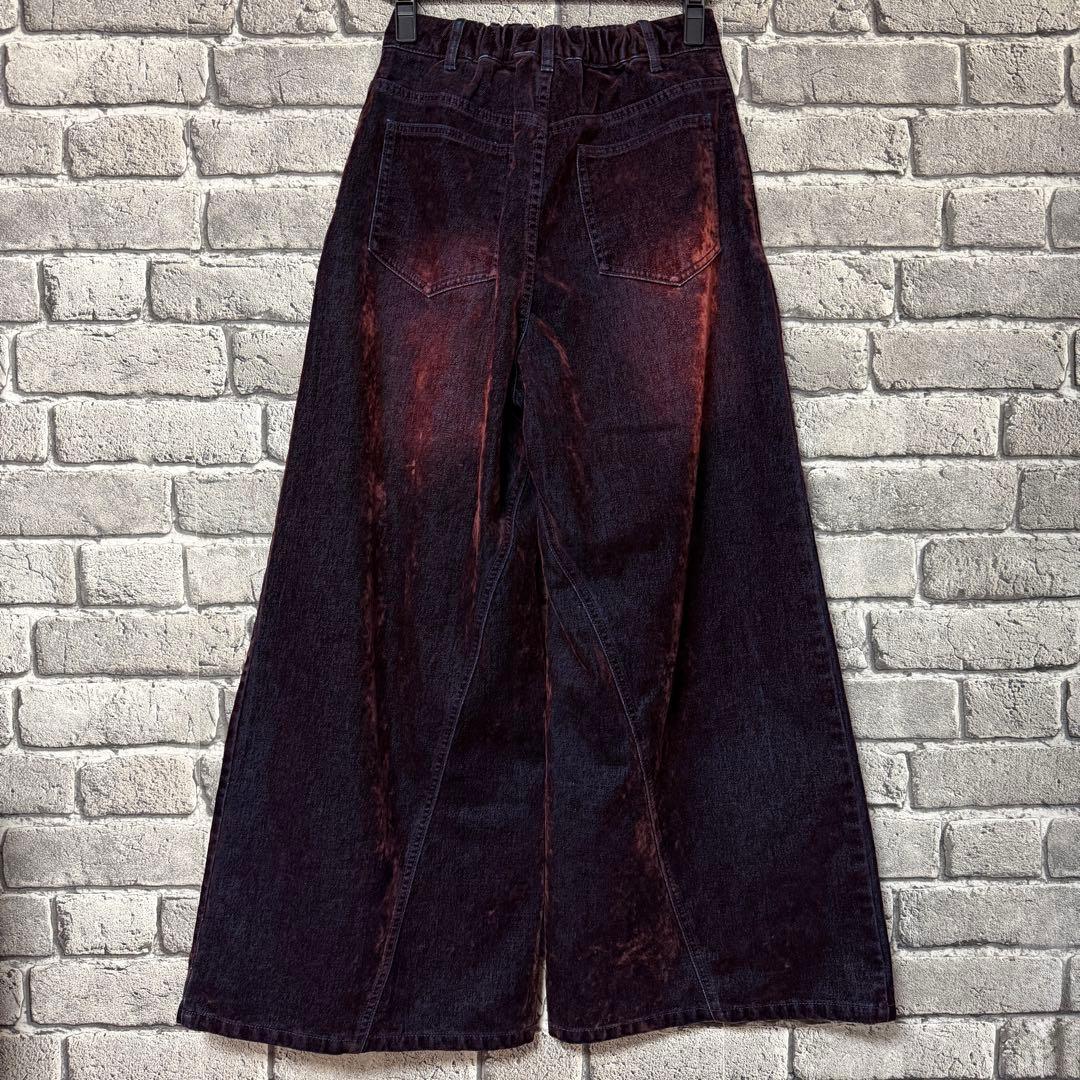 【美品】HARE　フロッキーデニムワイドパンツ　レッド　ワイド　ジーンズ