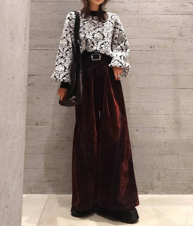 【美品】HARE　フロッキーデニムワイドパンツ　レッド　ワイド　ジーンズ