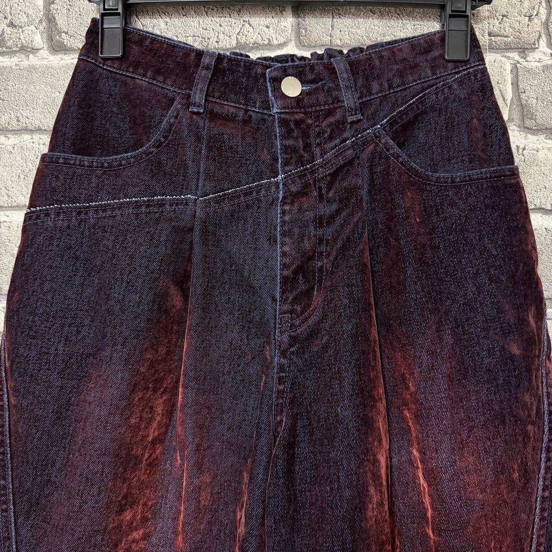 【美品】HARE　フロッキーデニムワイドパンツ　レッド　ワイド　ジーンズ