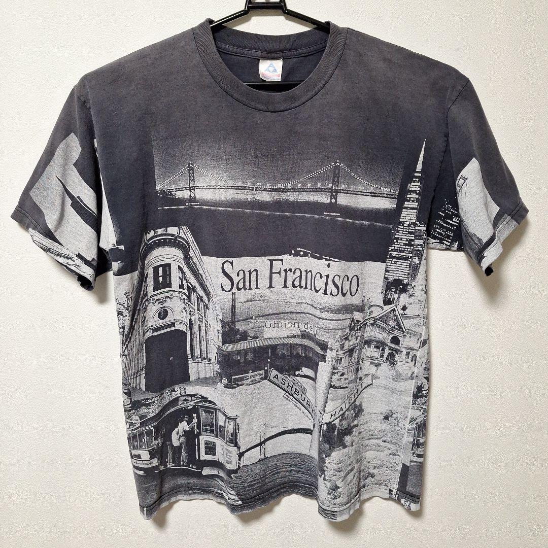 90s ヴィンテージ サンフランシスコ 総柄Tシャツ XL 黒 フェード感 良好