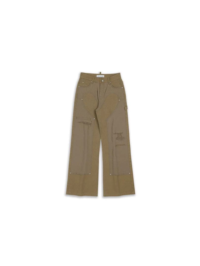 trinite studioカーキ色ダメージ加工ワイドレッグデニムパンツ