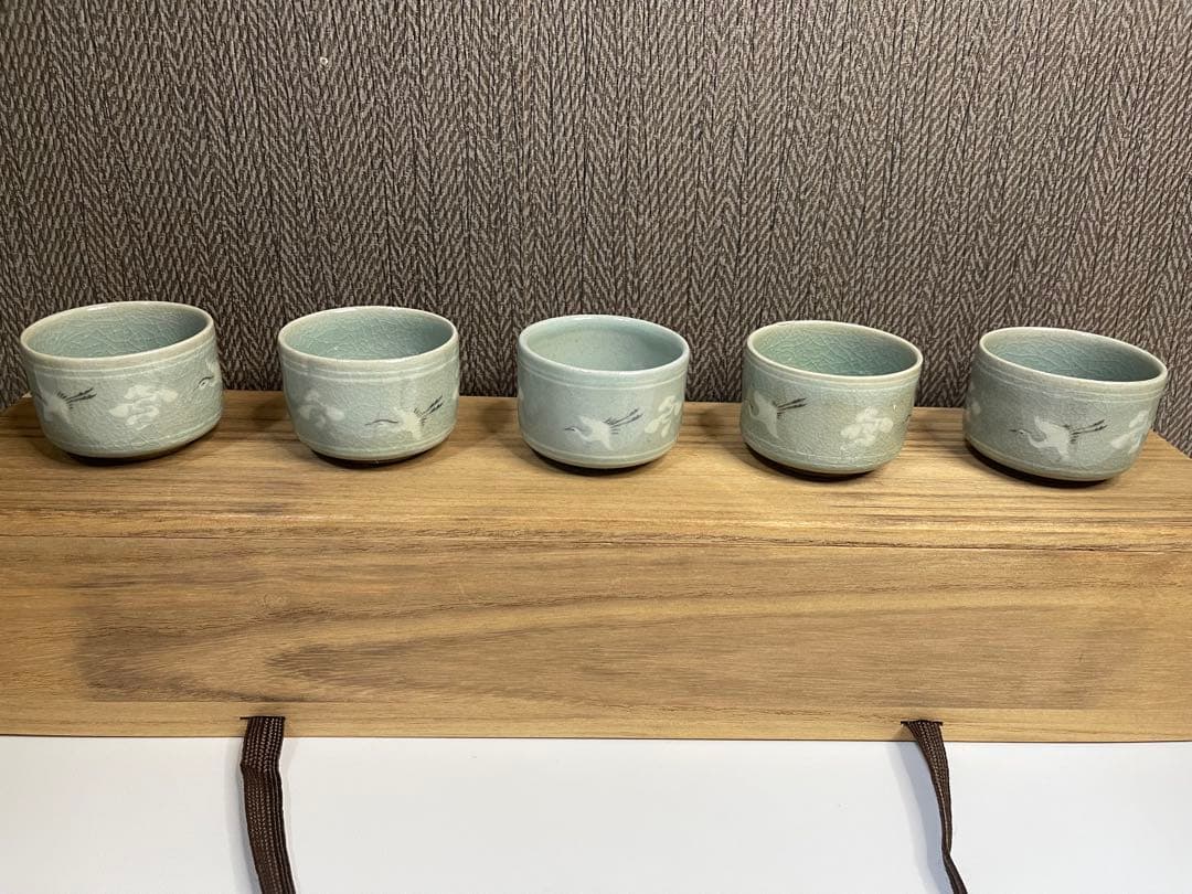 【陶芸・陶器】柳海剛 柳根瀅 人間国宝 文化財 韓国 高麗青磁 酒器 雲鶴 5個