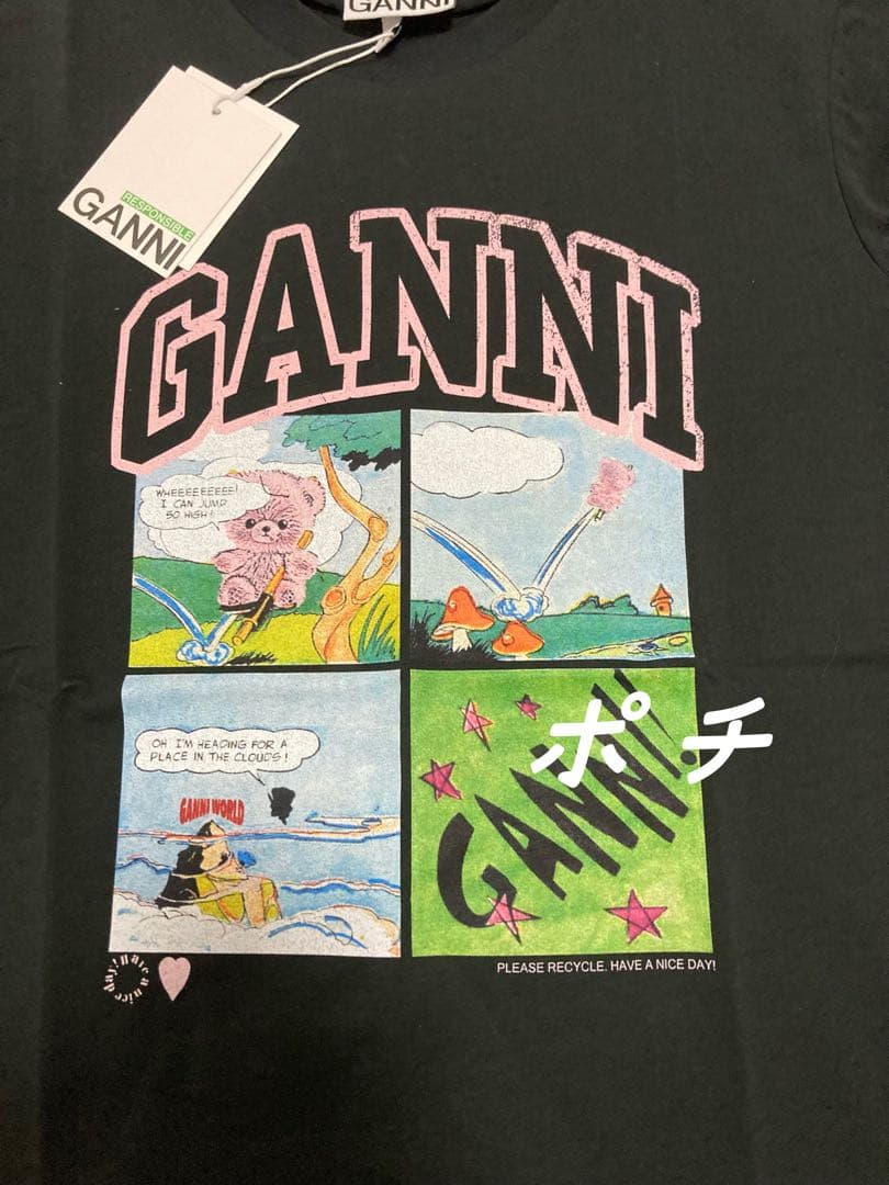 GANNI ブラック Tシャツ Mサイズ コミックプリント