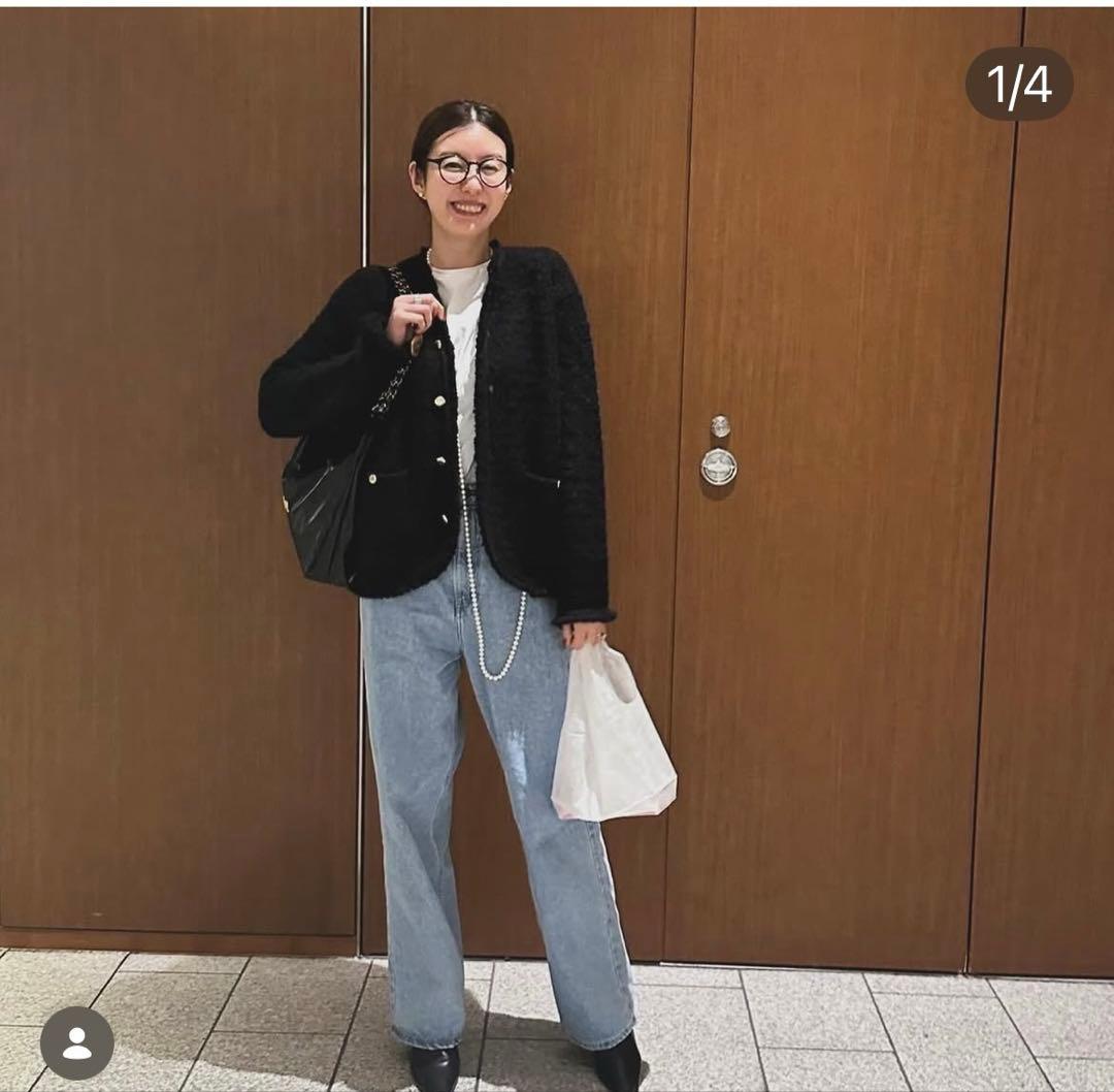 Drawer ドゥロワー　ツイードニットカーディガン　ブラック
