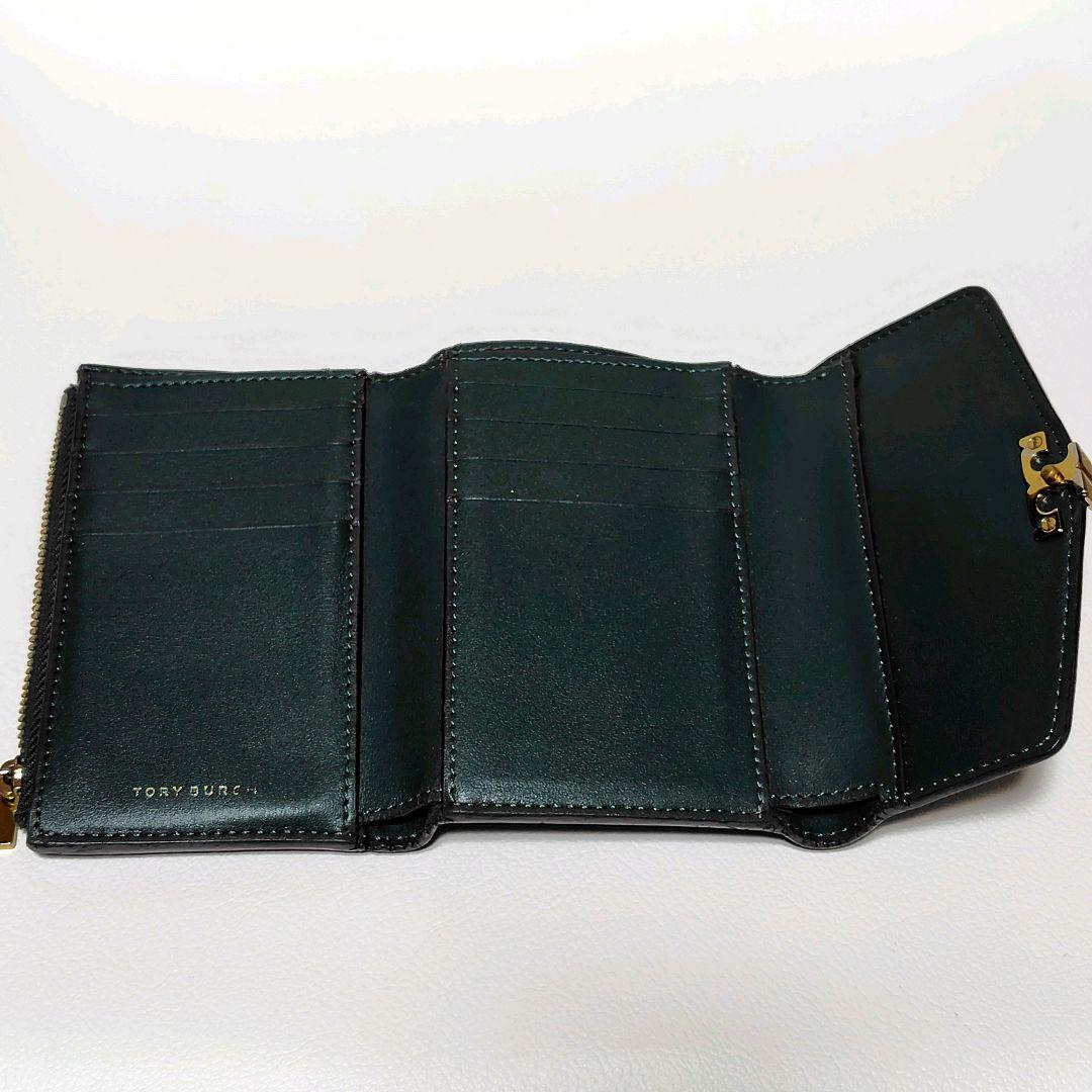 トリーバーチ　折り財布　グリーン　シボ革　金具ロゴ
