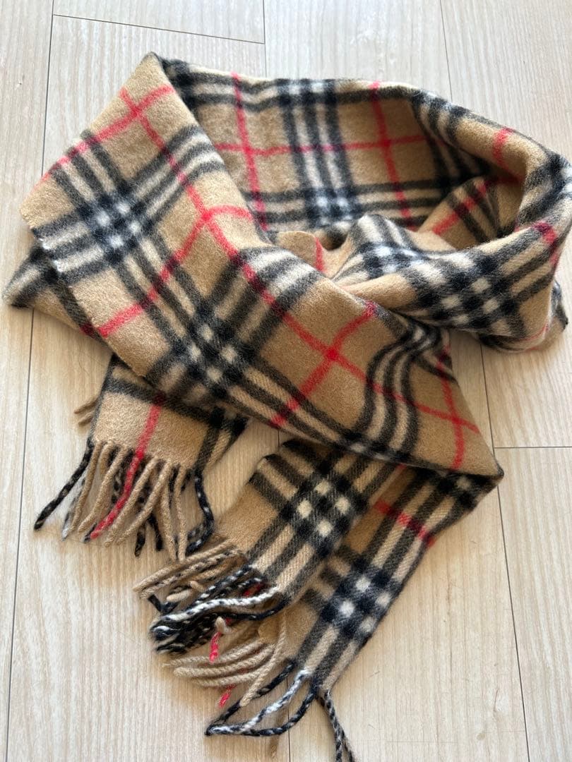 【美品】バーバリー　マフラー　ノバチェック柄　フリンジ付き　英国製　カシミヤ