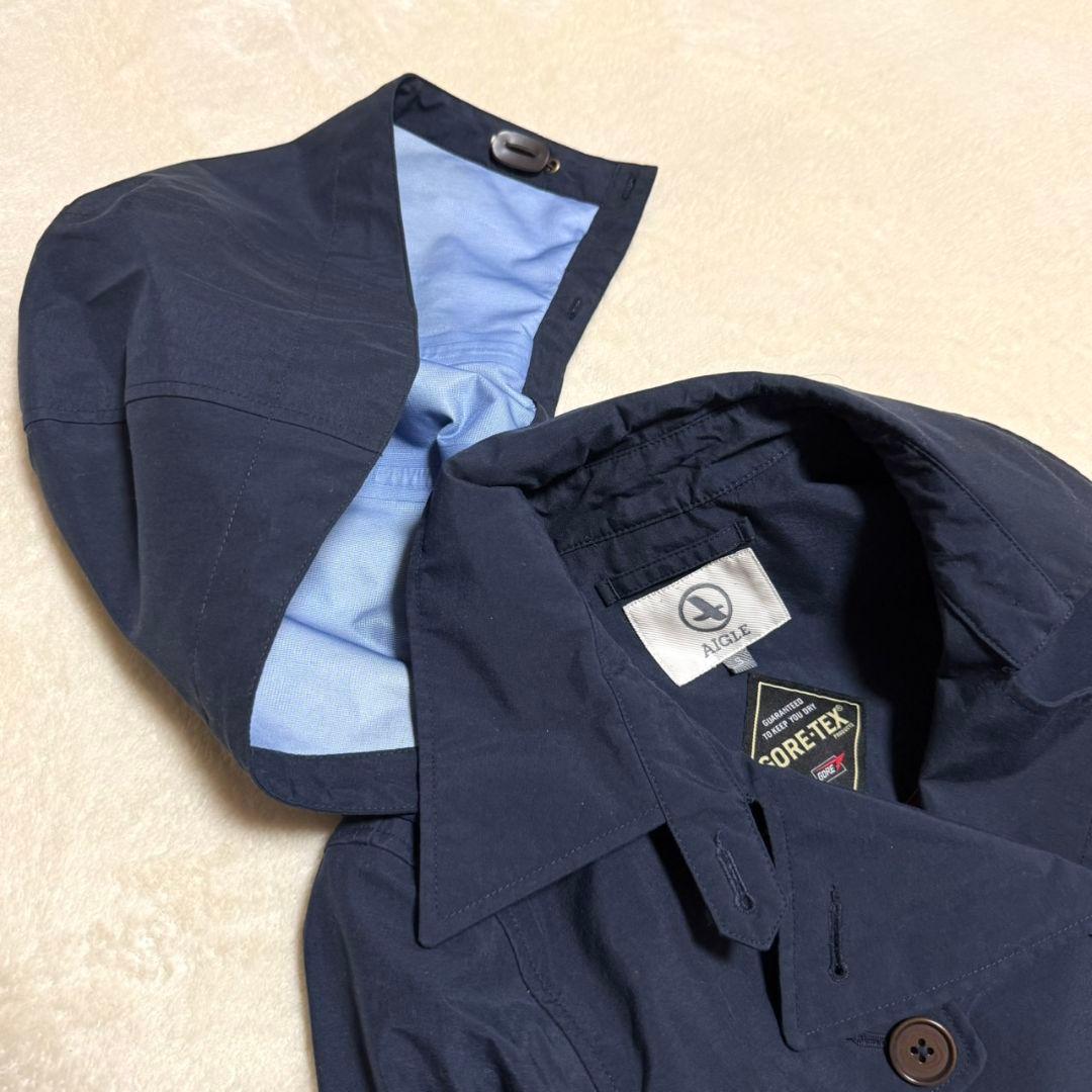 美品 エーグル×GORE-TEX トレンチコート ベルト付 ロゴ刺繍 フード付き