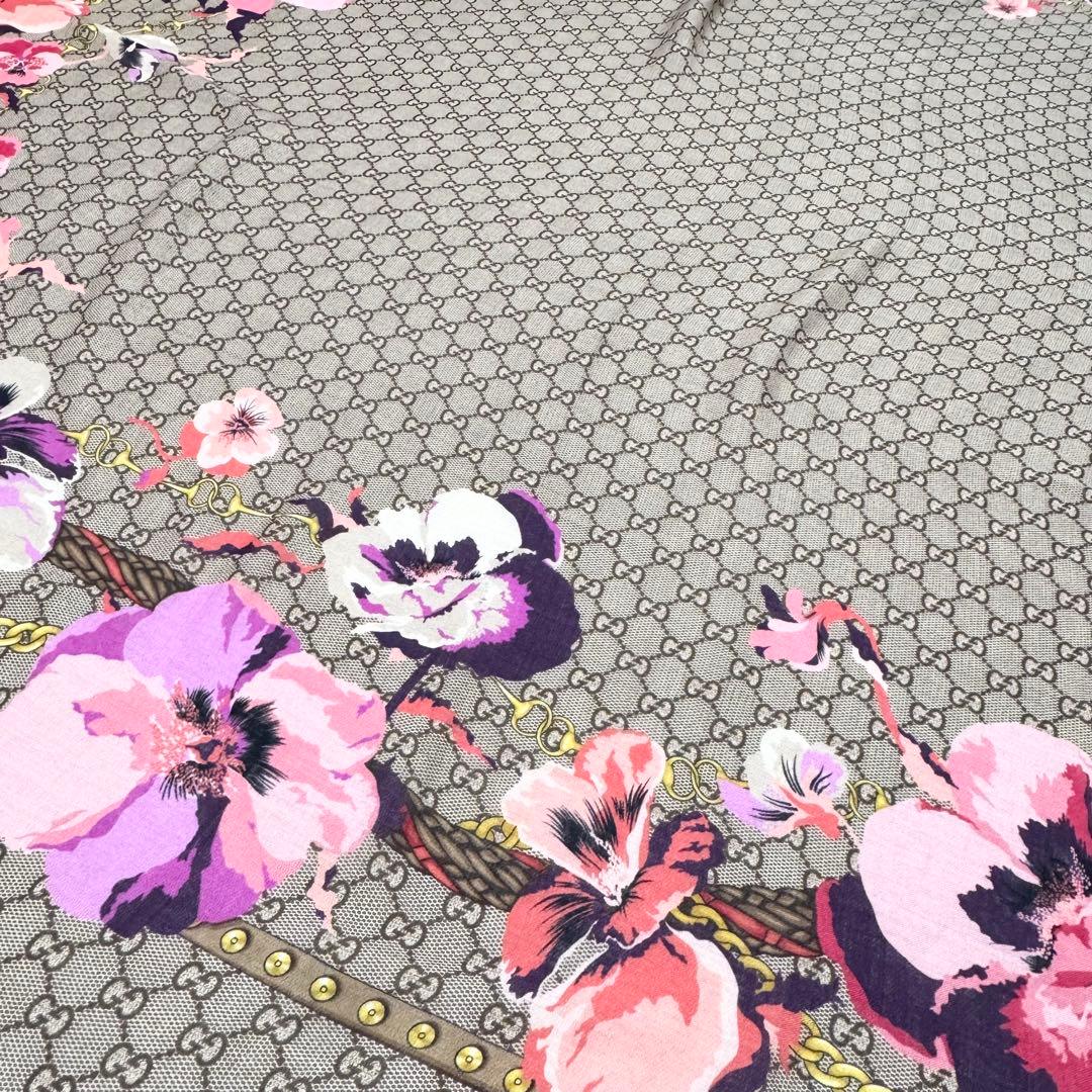 GUCCI グッチ　大判スカーフ　ウール　GG柄　パンジー　花柄　ピンク