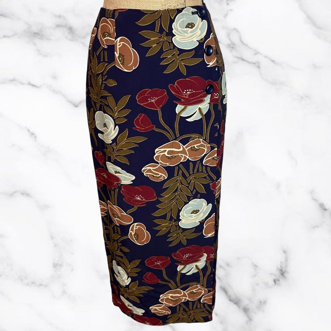 美品✨【KENZO】花柄タイトロングスカート　さらさら　日本製　ネイビー　M