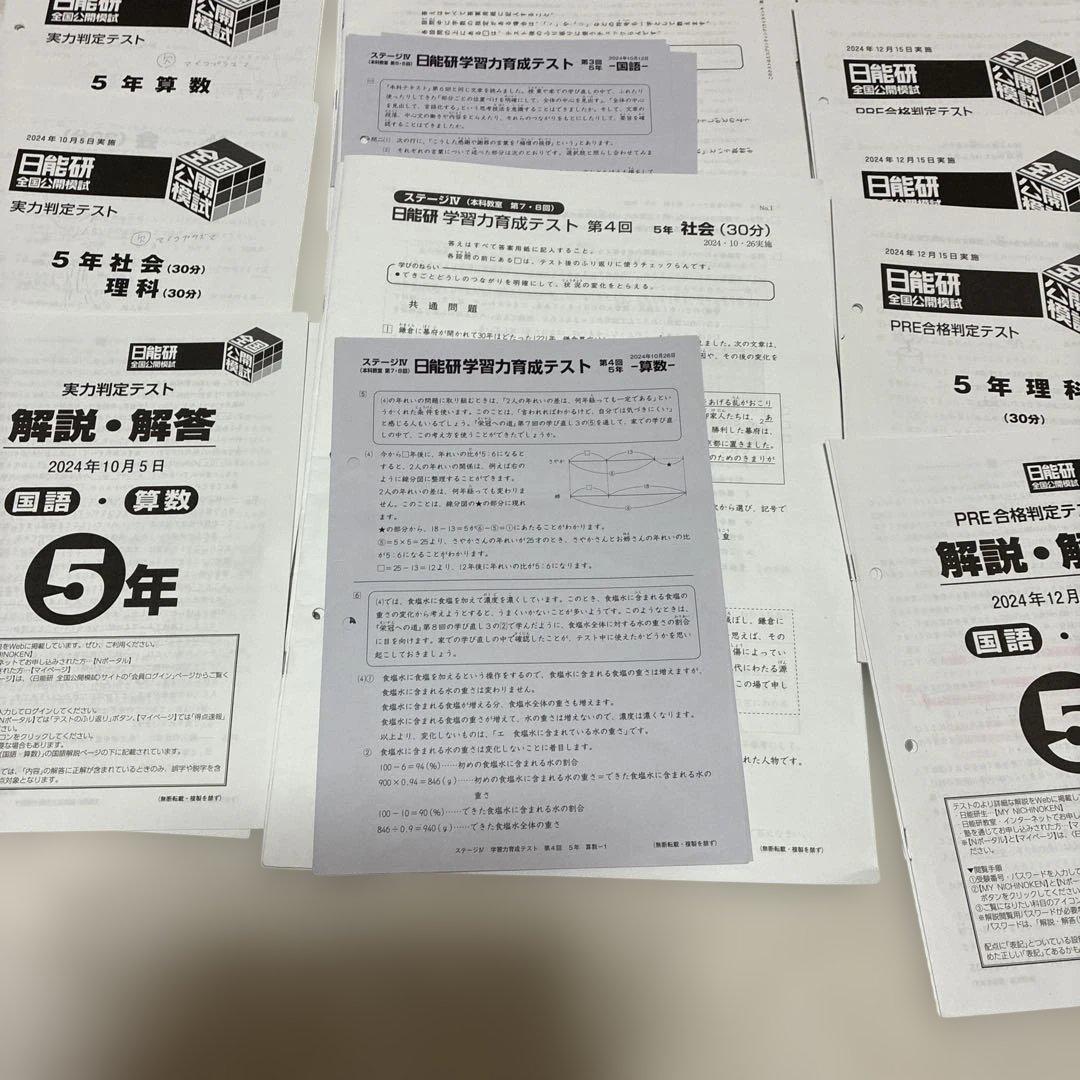 2024年度　日能研5年 後期　15回分　公開模試　育成テスト　等