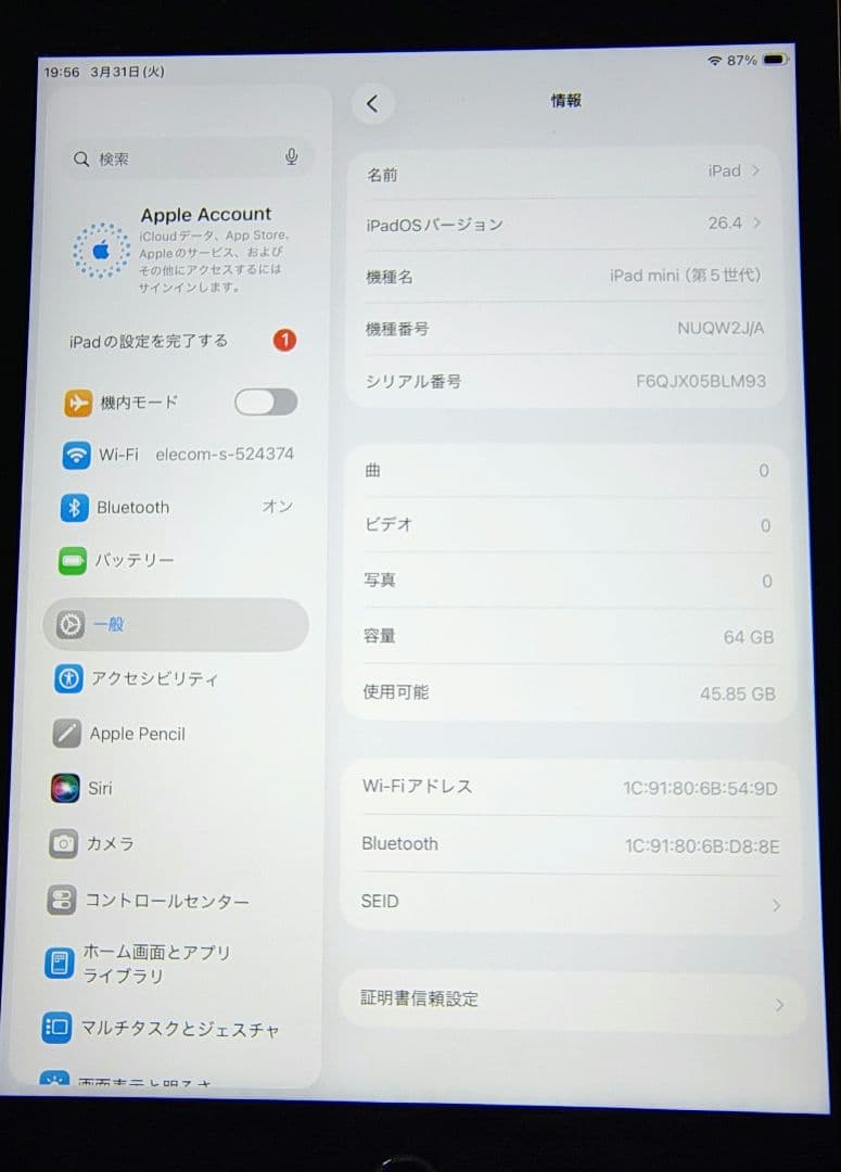 バッテリー100%【iPad mini 5世代 64GB WiFi】充放電23回