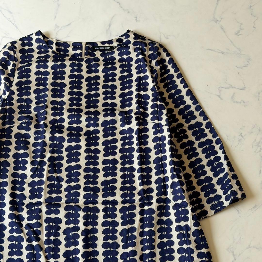 marimekko マリメッコ 総柄ワンピース M 七分袖 膝丈 北欧デザイン