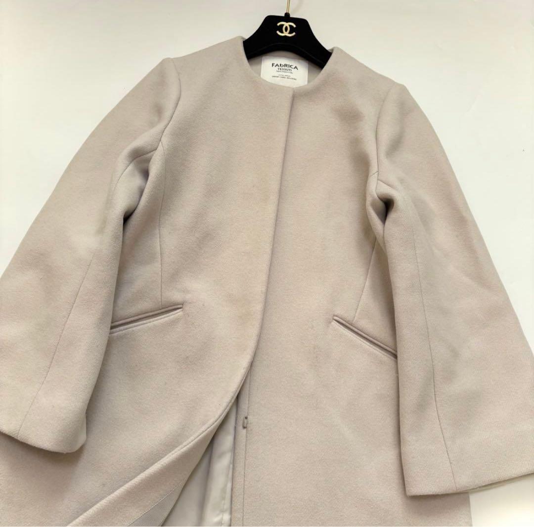 ロングコート　ウール　カシミア　レディース　ノーカラー 美品　グリーンレーベル