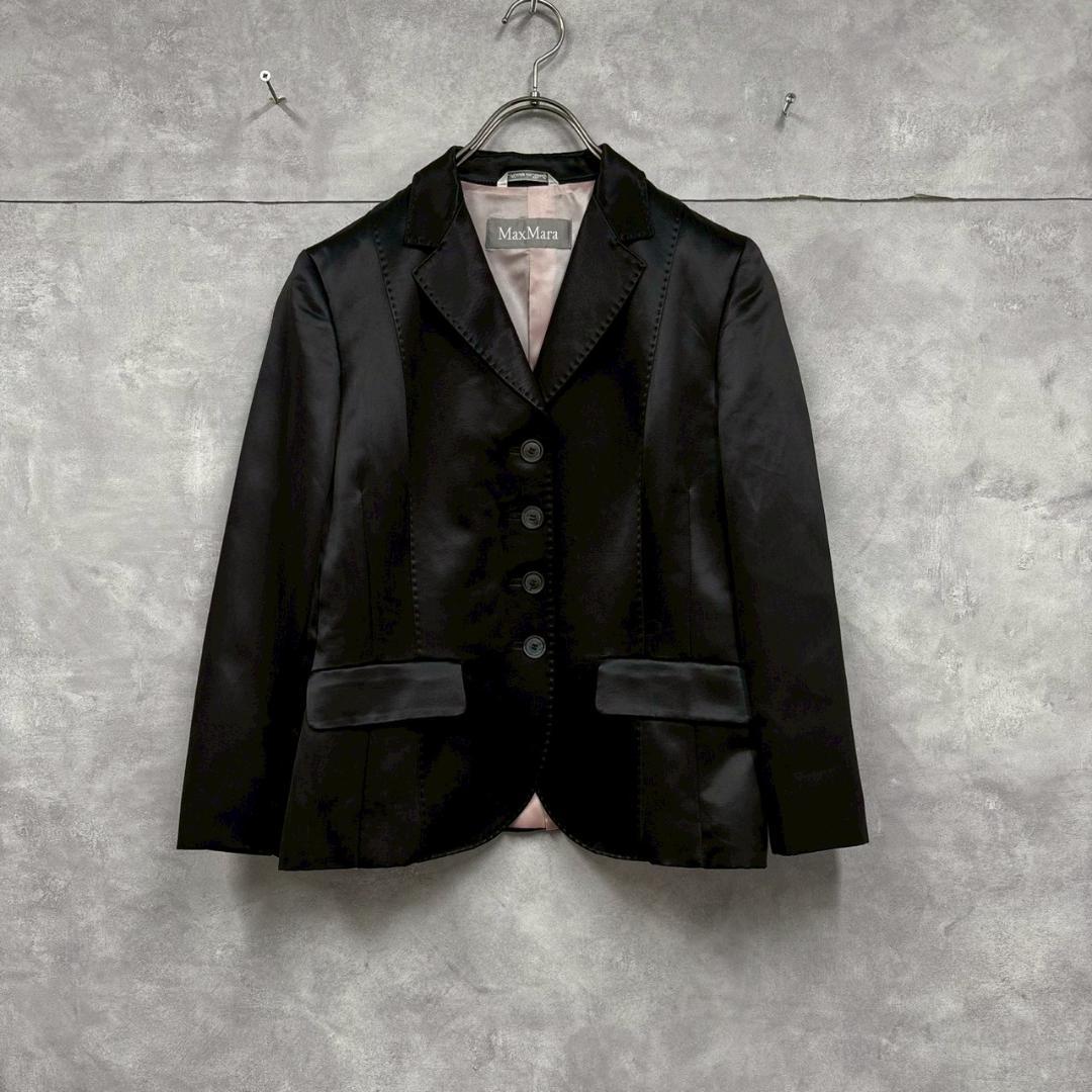 Max Mara ブラックサテン 光沢 テーラードジャケット N2475